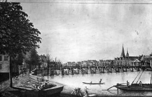 Stadtansicht von Bremen mit alter Weserbrücke von Südosten : Stadtansicht von Bremen mit alter Weserbrücke von Südosten. Kupferstich (1771; J. H. Gröninger)