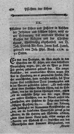 Pflichten der Lehrer und Zuhörer in Ansehen der Irrthümer und falschen Lehrer. 2.Aufl.