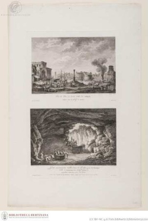 Blatt mit zwei Drucken; oben: Der Hafen von Gallipoli; unten: Grotte von Mandurium bei Tarent