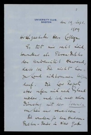 Nr. 7 Brief von Frederick Pollock an Otto von Gierke. Boston, 19.9.1909