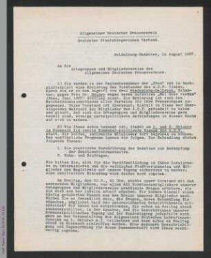 Rundschreiben von Dorothee von Velsen und Mathilde Drechsler an die Ortsgruppen und Mitgliedsvereine des ADF