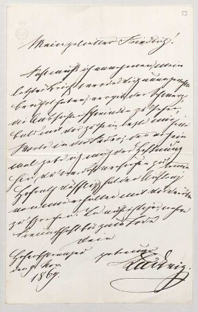 Ludwig II. von Bayern (1845 - 1886) Autographen: Brief von Ludwig II. an Fritz Brandt - BSB Autogr.Cim. Ludwig .53