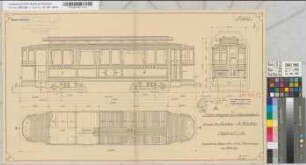 Motorwagen mit Marktabteil (24 bzw. 30 Sitz- und 16 Stehplätze) für die Dürener Kreisbahnen. Schnittzeichnungen der Waggonfabrik A.G. vorm. P. Herbrand & Cie., Köln-Ehrenfeld