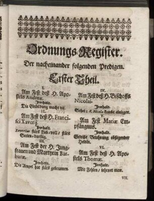 Ordnungs-Register. Der nacheinander folgenden Predigen.