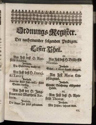 Ordnungs-Register. Der nacheinander folgenden Predigen.