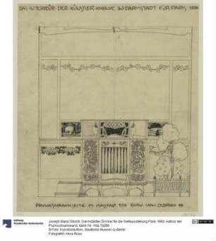 Darmstädter Zimmer für die Weltausstellung Paris 1900, Aufriss der Prunkschrankwand
