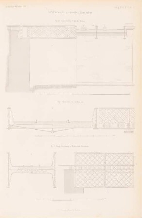 Gitterbrücken der preußischen Eisenbahnen. Neißebrücke, Guben: Ansicht, Schnitt, Details (aus: Atlas zur Zeitschrift für Bauwesen, hrsg. v. G. Erbkam, Jg. 3, 1853)