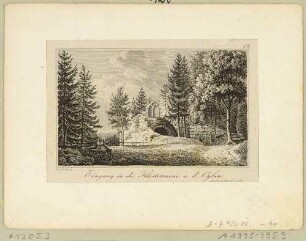 Der Eingang zur Klosterruine auf dem Berg Oybin im Zittauer Gebirge, aus Carl Peschecks "Oybin bei Zittau in 12 Ansichten ..." (erweiterte Auflage?)