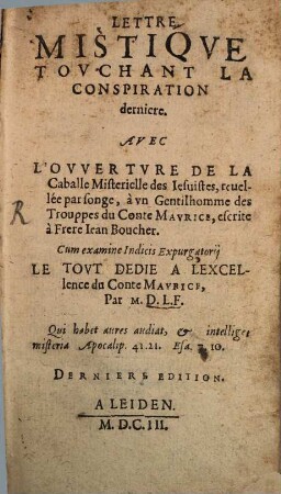Lettre mystique touchant la conspiration dernière ...