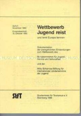 Informationsblatt mit einer Liste der preisgekrönten Einsendungen zum Wettbewerb "Jugend reist und lernt Europa kennen"