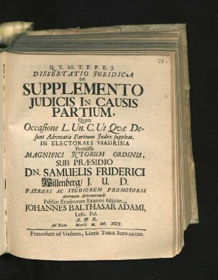 Dissertatio Iuridica De Supplemento Iudicis In Causis Partium