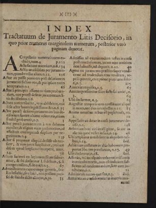 Index Tractatuum de Juramento Litis Decisorio, in quo prior numerus marginalem numerum, posterior vero paginam denotat.