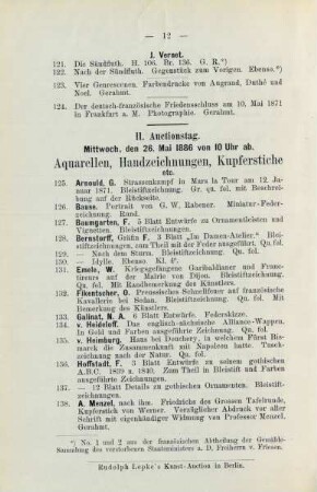 II. Auctionstag. Mittwoch, den 26. Mai 1886 von 10 Uhr ab. Aquarellen, Handzeichnungen, Kupferstiche etc.