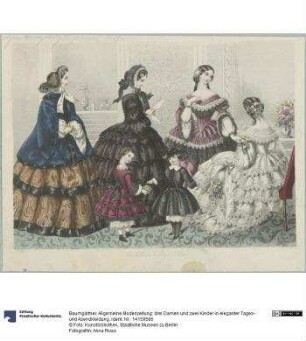 Allgemeine Modenzeitung: drei Damen und zwei Kinder in eleganter Tages- und Abendkleidung