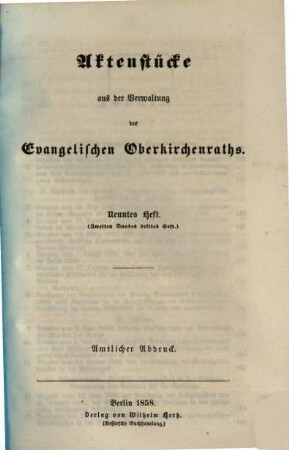 Aktenstücke aus der Verwaltung des Evangelischen Oberkirchenraths : amtlicher Abdruck. 2, 3 = H. 9. 1858