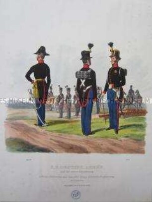Uniformdarstellung, Offizier, Kanonier, Feldwebel und Mannschaft der Artillerie in Parade-Uniform am Geschütz, Österreich, 1840. Tafel aus: Trentsensky: K.K. Oesterreichische Armée nach der neuen Adjustirung.