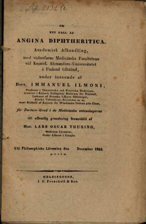 Om ett fall af Angina diphtheritica : Academisk Afhandl.
