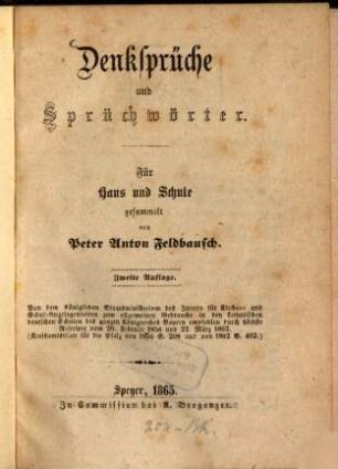 Denksprüche und Sprichwörter : Für Schule und Haus gesammelt