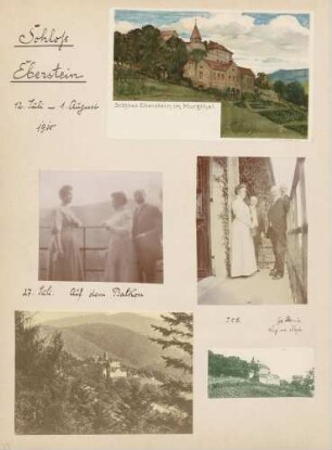 oben: Schloss Eberstein im Murgtal links Mitte: Großherzogin Hilda mit Gästen auf dem Balkon von Schloss Eberstein im Murgtal rechts Mitte: Großherzogin Hilda mit Gästen auf dem Balkon von Schloss Eberstein im Murgtal links unten: Blick auf Schloss Eberstein im Murgtal rechts unten: Blick auf Schloss Eberstein im Murgtal