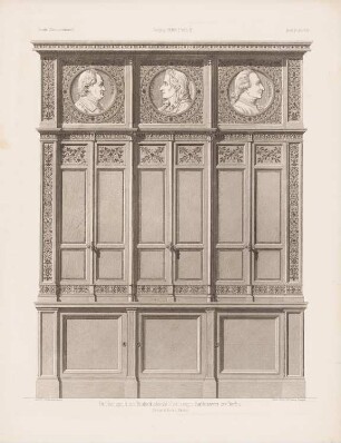 Bücherspind im Bibliothekssaal des Berliner Rathauses (Rotes Rathaus), Berlin: Ansicht (aus: Architektonisches Skizzenbuch, H. 161/2, 1880)