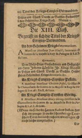 Die XIII. Claß. Begreifft in sich die Titul der Kriegs-Cantzley-Verwandten