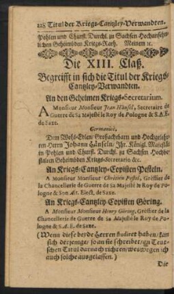 Die XIII. Claß. Begreifft in sich die Titul der Kriegs-Cantzley-Verwandten