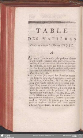Table Des Matières Contenues dans les Tomes III & IV