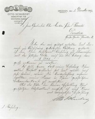 Geschäftsbrief der Werkstätten für Wohnungs-Kunst Dresden an Hofrat Johann Carl Friedrich Bouché (1850-1933, Direktor des Großen Gartens in Dresden), 3. Dezember 1909, 28,6 x 22,6 cm