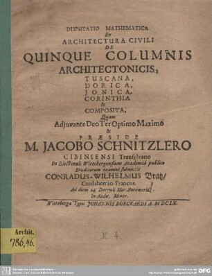 Disputatio Mathematica Ex Architectura Civili[i] De Quinque Columnis Architectonicis, Tuscana, Dorica, Jonica, Corinthia & Composita