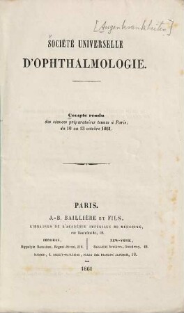 Compte rendu des séances préparatoires tenues à Paris : 10 au 13 octobre 1861