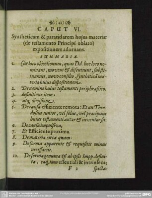 Caput VI. Syntheticam & paratitlarem huius materiae (de testamento Principi oblato) expositionem adornans