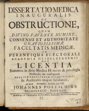 Dissertatio Medica Inauguralis De Obstructione