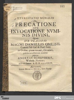 Exercitatio Moralis De Precatione Sive Invocatione Nvminis Divini