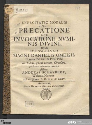 Exercitatio Moralis De Precatione Sive Invocatione Nvminis Divini