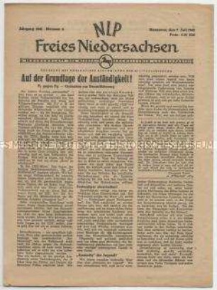 Mitteilungsblatt der Niedersächsischen Landespartei (NLP) u.a. mit einem polemischen Beitrag zum Volksentscheid über die Enteignung der Kriegsverbrecher in Sachsen