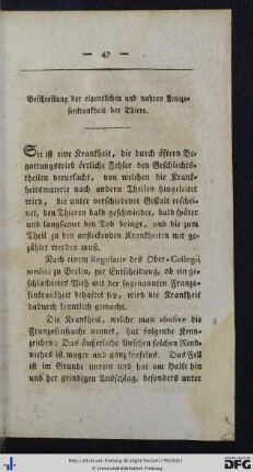Beschreibung der eigentlichen und wahren Franzosenkrankheit der Thiere.
