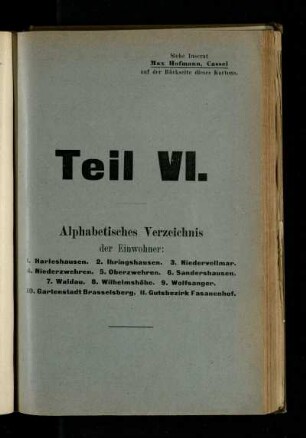 Alphabetisches Verzeichnis der Einwohner: Harleshausen, Ihringshausen, Niedervellmar, Niederzwehren, Oberzwehren, Sandershausen, Waldau, Wilhelmshöhe, Wolfsanger, Gartenstadt Brasselsberg, Gutsbezirk Fasanenhof