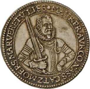 Silberner Jeton im Gewicht eines Viertel Talers des Moritz von Oranien auf das Ende der Belagerung der Stadt Moers und seine Proklamation zum Grafen von Moers, 1601