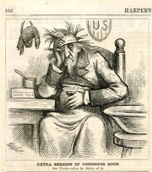 Extra session of the Congress soon. Our Uncle - when he thinks of it : Uncle Sam sitzt krank in einem Stuhl