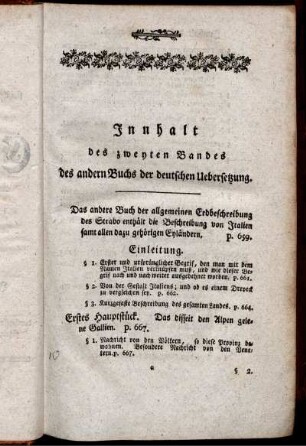 Innhalt des zweyten Bandes des andern Buchs der deutschen Uebersetzung.