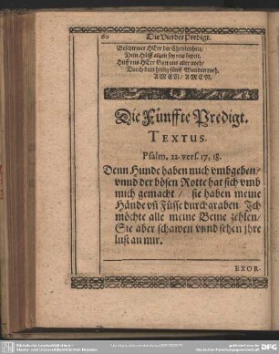 Die Fünffte Predigt. Textus. Psalm. 22. vers. 17, 18