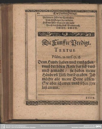 Die Fünffte Predigt. Textus. Psalm. 22. vers. 17, 18