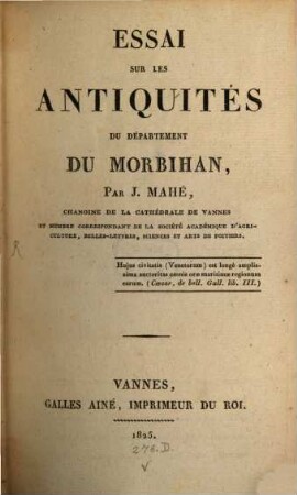 Essai sur les Antiquités du Departement, du Morbihan