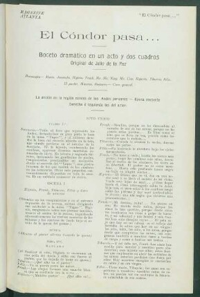 El Cóndor pasa... : Boceto dramático en un acto y dos cuadros. Original de Julio de la Paz