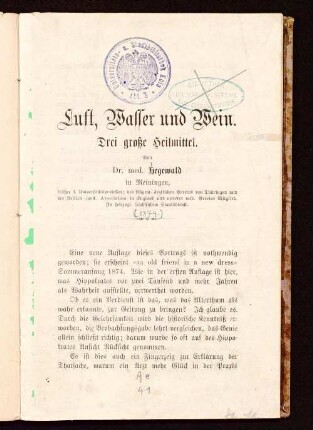 Luft, Wasser und Wein : drei große Heilmittel