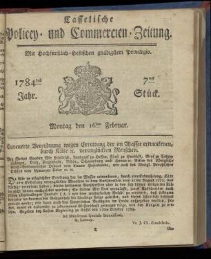 7tes Stueck, Montag den 16ten Februar. 1784