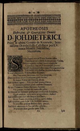 Apotheosis Illustrissimi [et] Generossissimi Domini Dn. Joh. Dieterici, Primi & ultimi Comitis de Kunowiz ...