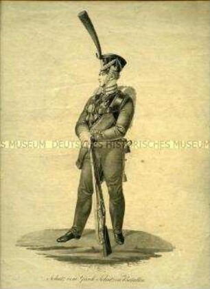 Uniformdarstellung, Soldat des Garde-Schützen-Bataillons, Preußen, 1815, Tafel aus Jügel/Wolf: Abbildungen der neuen Königl. Preussischen Armee-Uniformen, Heft 10.