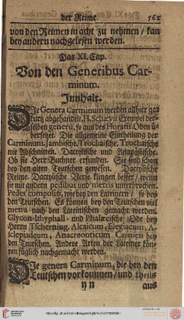 Das XI. Cap.: Von den Generibus Carminum