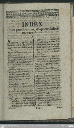 Index Rerum praecipurarum, de quibus scripte res recensentur